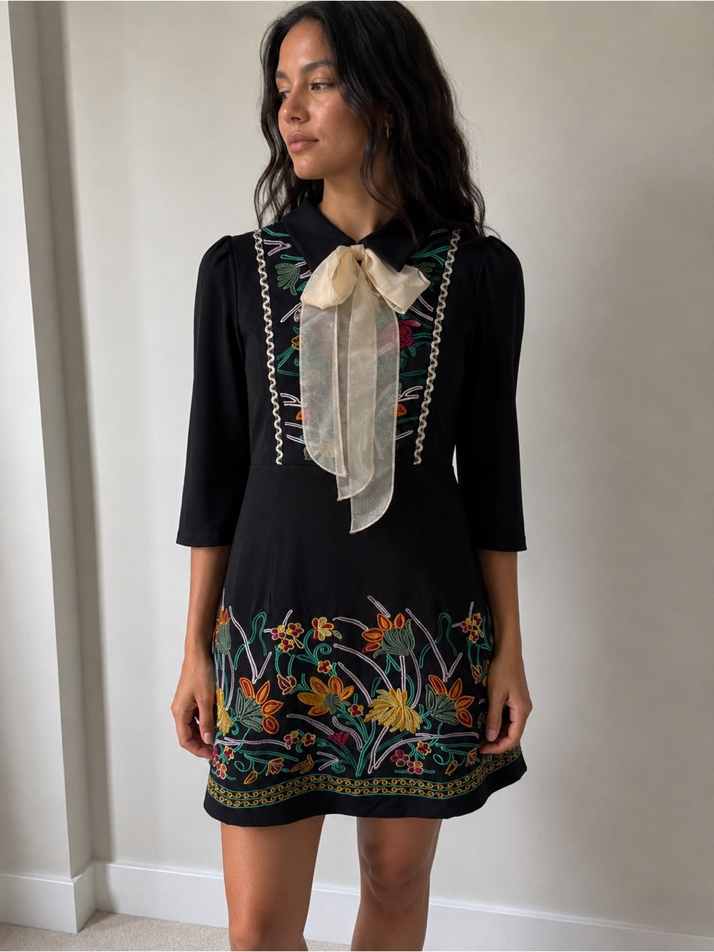 AI MENG Five Cats Black Embroidered Floral Bow Dress Size US 6 NWT